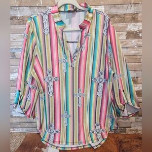 Cowgirl Hardware Srtape V Neck With Crosses Roll Tab Sleeves Tunic